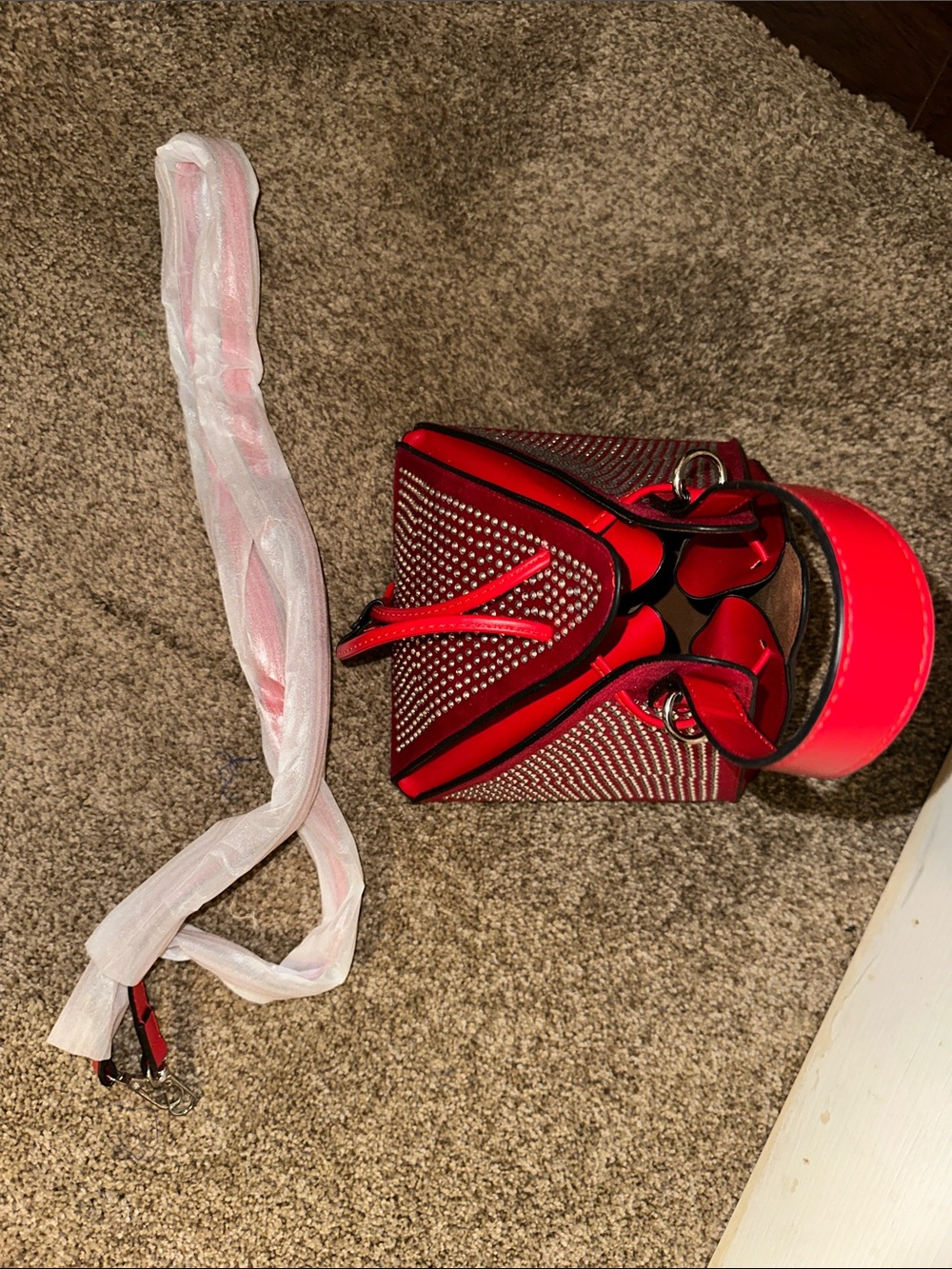 Red Pyramid Studded Drawstring Wristlet Handbag - Picture 7 of 9